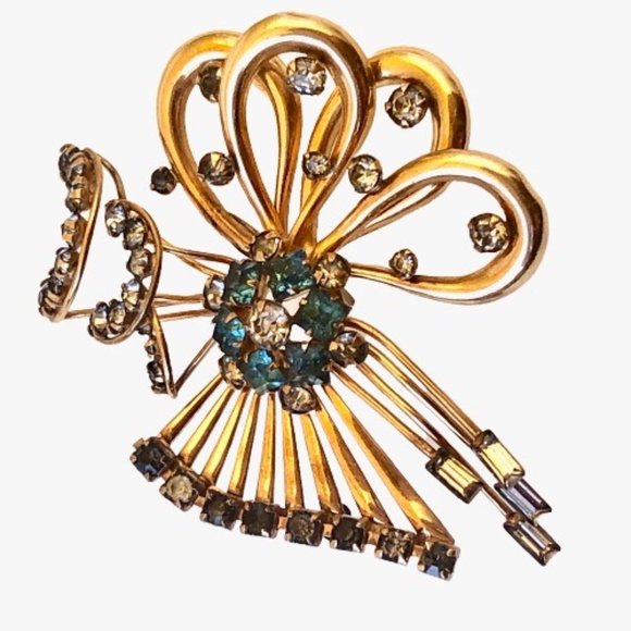 M&S Rhinestone Bow Brooch 1/20 12K Gold Filled Vintage Signed 1950s - Picture 12 of 16